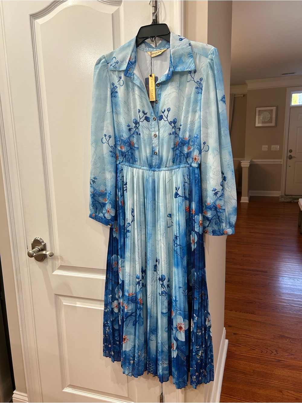 Blue Floral Pleated Women's Dress